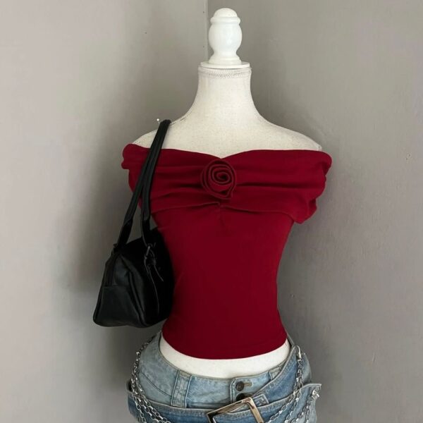 Scarlet Bloom Off-Shoulder Rose Crop Top