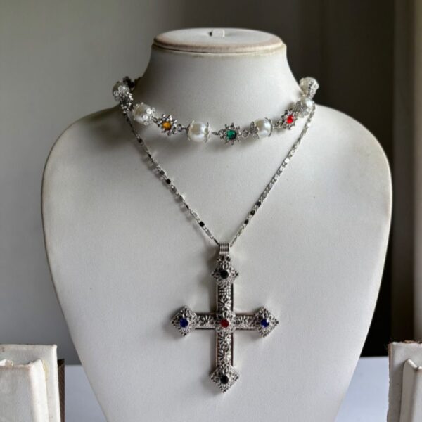 Silver Pearl Necklace +Cross