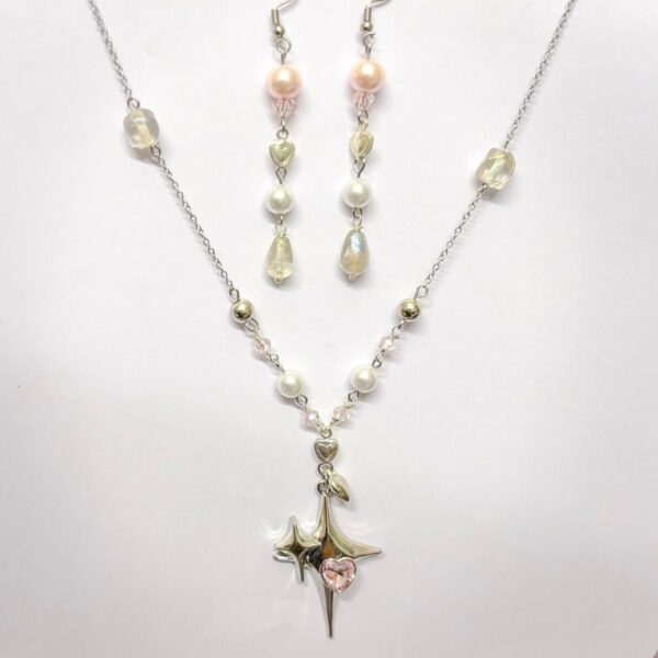 🌙 Dreamy Celestial Duo – Pastel Star Pendant & Heart Drop Earrings Set
